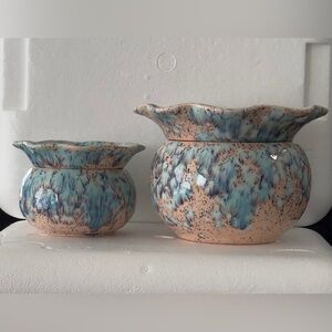 Sm & Lrg Violet/Orchid Handcrafted Ceramic Planter Set in Peach and Teal Glaze